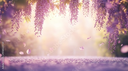 Serene pathway adorned with cascading purple flowers and soft light.