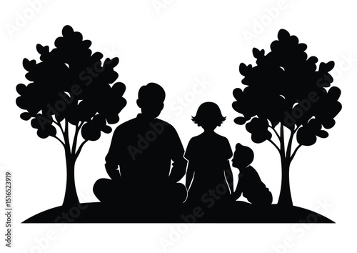 Silhouette of Grandparents Relaxing in Park Vector for Vintage and Family Projects