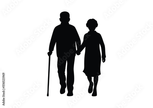 Silhouette vector of senior grandparents walking together peaceful outdoor elderly couple art