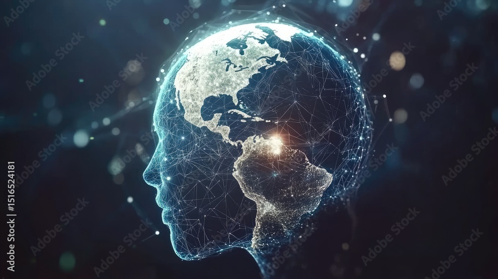 Obraz premium Global interconnectedness depicted as a profile of a person with a world map inside.