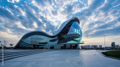 Stunning Modern Architecture vs. Dynamic Blue Cloudy Sky – Sleek Buildings, Clean Lines, Cloud Textures – Ideal for Graphic Design, Wallpaper, Architectural Visuals