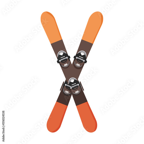 Crossed Pair of Orange Skis with Bindings Illustration on White Background for Winter Sports