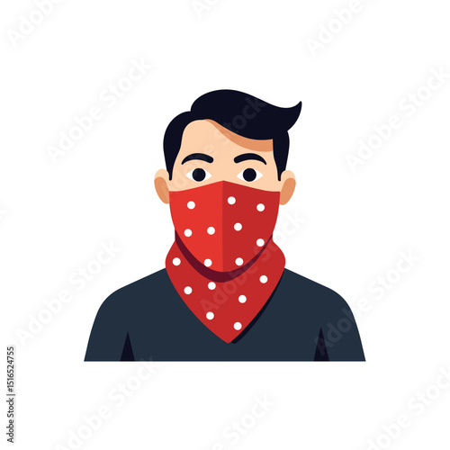 Illustration of a Man Wearing a Red Bandana with White Polka Dots Covering His Face, Vector Graphic