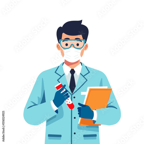 Scientist in Lab Coat Holding Test Tube and Clipboard Illustration for Medical Research