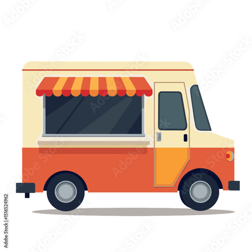 Colorful Cartoon Food Truck Illustration with Striped Awning and Orange and Cream Color Scheme