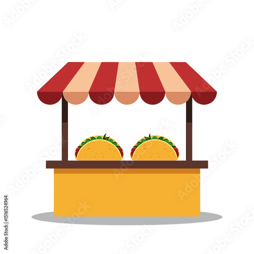 Cartoon Taco Stand Illustration with Red and White Awning, Serving Delicious Tacos