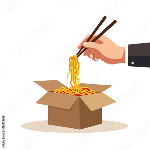 Hand with Chopsticks Lifting Noodles from a Takeout Box Illustration, Asian Cuisine Concept