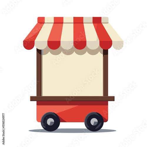 Red and White Striped Market Stall Cart with Blank Sign, Isolated Vector Illustration