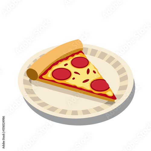 Illustration of a Slice of Pepperoni Pizza on a Plate, Delicious Italian Food
