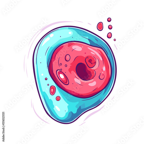 Abstract Biological Cell with Pink Nucleus and Light Blue Membrane in Detailed Vector Art