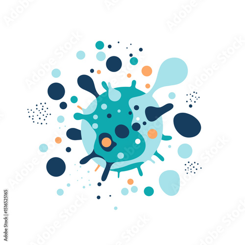 Abstract Blue and Teal Virus Illustration with Circular Splatters Against a Clean White Backdrop Depicting Microbiology and Infectious Disease