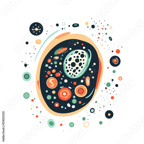 Abstract Detailed Cell Structure Illustration with Intricate Organic Shapes and Colorful Molecular Elements on White Backdrop