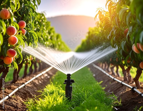 Peach orchard irrigation system under sunlight