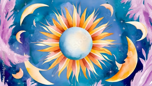 Vivid artwork featuring a central sun surrounded by crescent moons and stars, painted with vibrant watercolor shades, blending blue sky and cosmic elements for a whimsical celestial design.