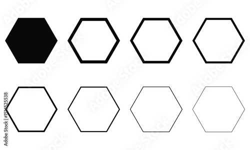 Smooth hexagon shape with geometric edges set. Regular polygon icon. Flat vector illustration isolated on white background.