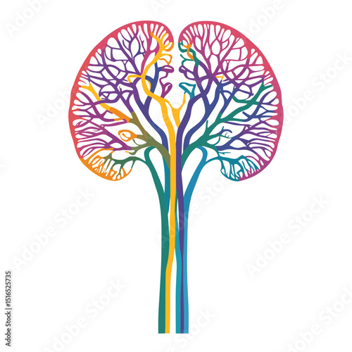 Abstract Multicolored Kidney Anatomy Illustration Showing Renal System Structure on White Background