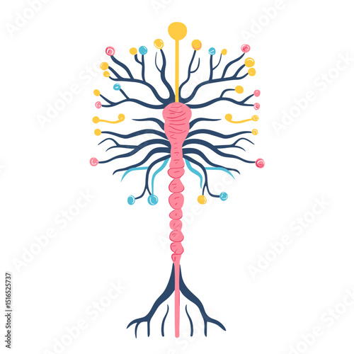 Abstract Neural Tree Structure with Pink Stem and Blue Branches in White Background Biology Design