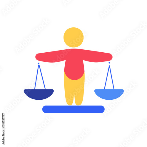 Abstract Person Balancing Scales Symbolizing Law and Justice in Flat Vector Style with Blue Accents on White Background