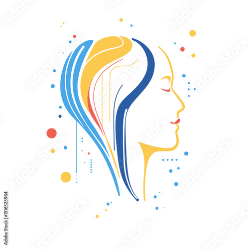 Abstract Profile of Woman with Yellow and Blue Hair Graphic Illustration on White Background Artistic Design