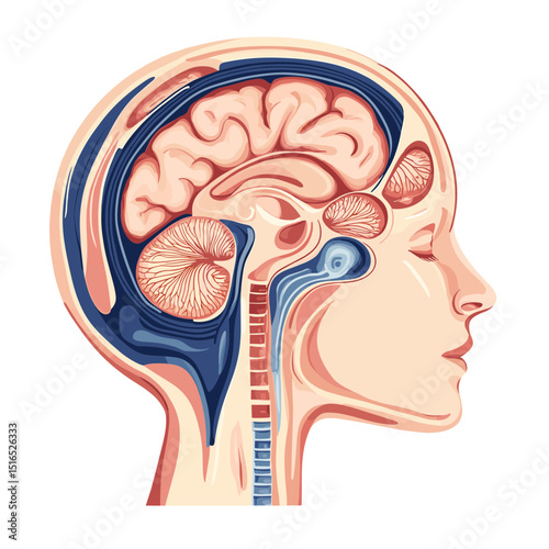 Anatomical Cross Section Illustration of a Human Brain with Detailed Internal Structure and Meninges in Clean Medical Visualization