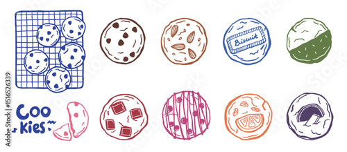 cookies doodle sketch hand drawn icon with different toppings - vector collection