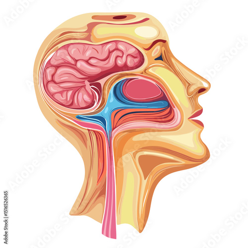 Anatomical Cutaway Head Illustration with Visible Brain Structure Nasal Cavity and Detailed Internal Organs on a White Background