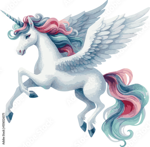 Vector watercolor painted illustration of unicorn pegasus