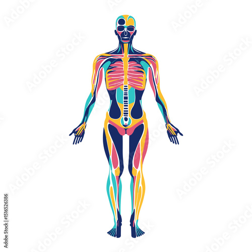 Anatomical Diagram of a Human Body Showing Muscular and Skeletal Structure with Multicolored Sections Isolated on White Background