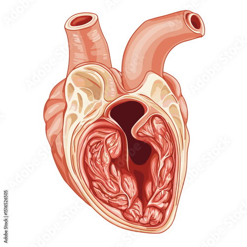 Anatomical Heart Illustration with Detailed Structure in Red and Beige Tones Revealing Valves Arteries and Chambers on White Background