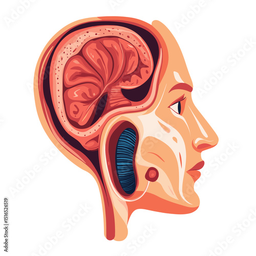 Anatomical Illustration of a Human Head Featuring Exposed Brain in Tones of Brown and Red Against a White Background