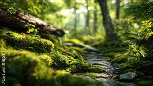 Peaceful forest with sunlight filtering through tall trees, natural wellness concept for meditation apps and eco-friendly product packaging design.

