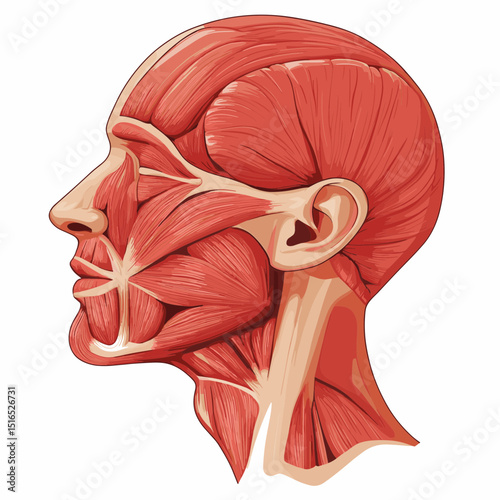 Anatomical Illustration of Head Muscles Side Profile with Detailed Human Musculature in Graphic Cutout Render on White Background