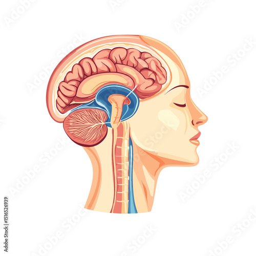 Anatomical Illustration of Human Brain in Head Profile Detailed Medical Diagram of Internal Organs Skull and Nervous System