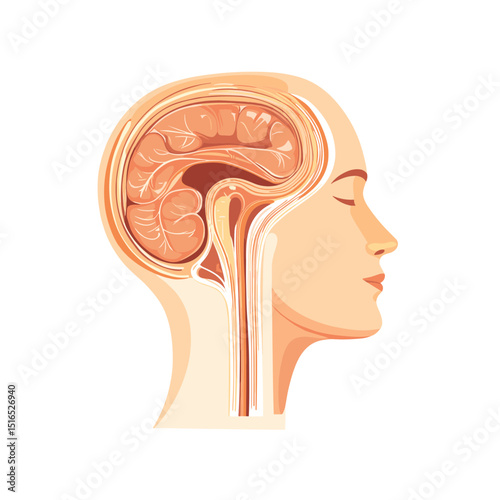 Anatomical Illustration of Human Brain Inside Head Profile Vector Artwork Depicting Central Nervous System and Mental Intellect on White Background
