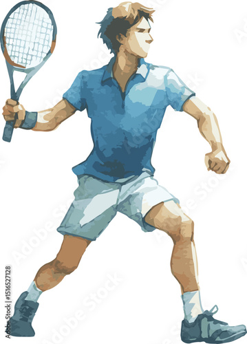 Vector watercolor painted illustration of a tennis player