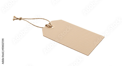 Blank beige tag price label product merchandise. Brown paper gift tag with string tie isolated on a transparent background