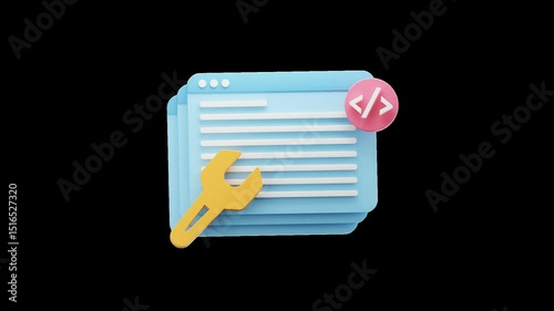 3D Animation of Web Development & Maintenance Icon on Black Background