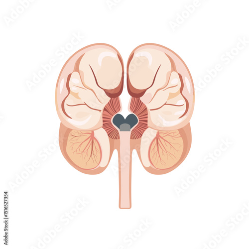 Anatomical Illustration of Human Kidney Structure Showing Renal Artery and Vein Excretory System on a White Background
