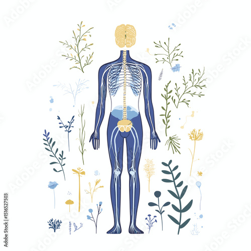 Anatomical Illustration of Human Skeleton with Botanical Elements in Blue and Beige Palette on White Background
