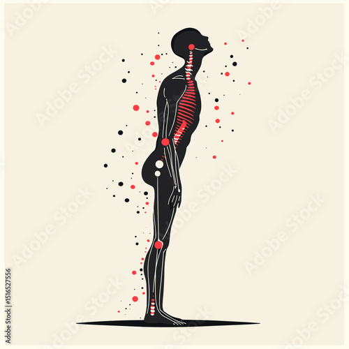 Anatomical Illustration of Human Spinal Structure Red and Black on White Background