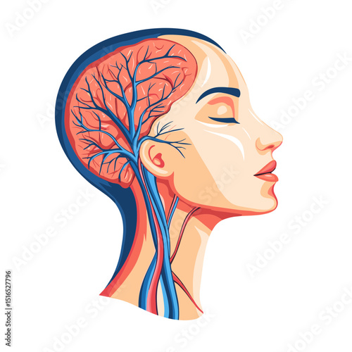 Anatomical Illustration of Woman Head Showing Brain Structure and Vascular System Detailed Medical Diagram of Human Brain Anatomy and Physiology