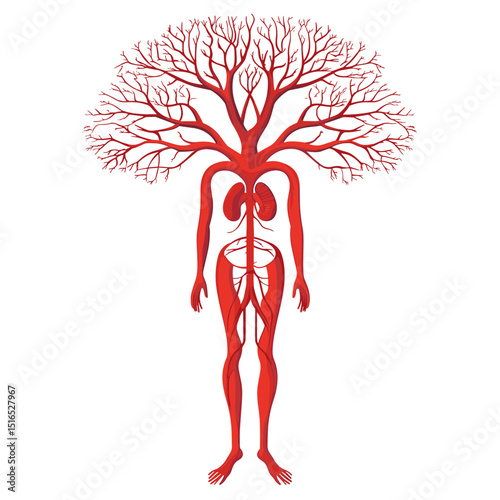 Anatomical Representation of the Human Circulatory System as a Red Tree Depicting Blood Vessels and Major Arteries and Veins on a White Background