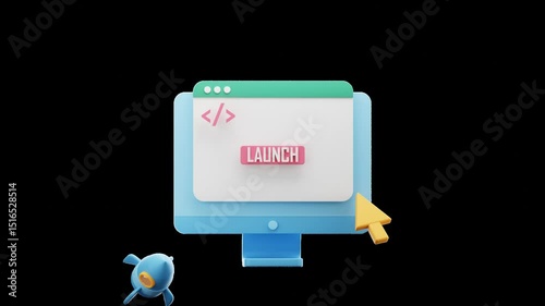 Animated 3d Icon of Computer Screen with Launch Button