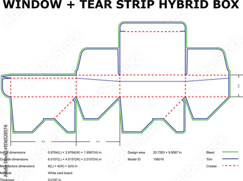 Window tear strip hybrid box packaging die-cut template design