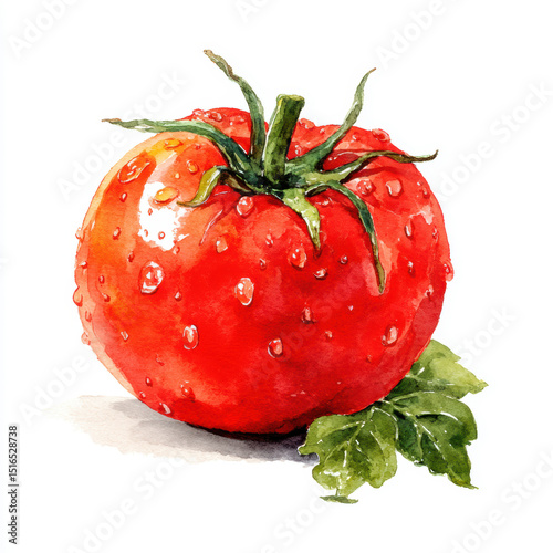 Bright red tomato with water droplets and green leaves, showcasing freshness and vitality.