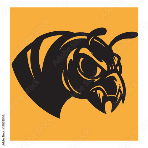 Bold silhouette of a hornet head with a fierce and angry expression on an orange background