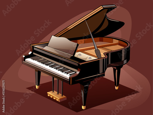A professional vector of a black grand piano on a solid dark brown background, elegant and detailed