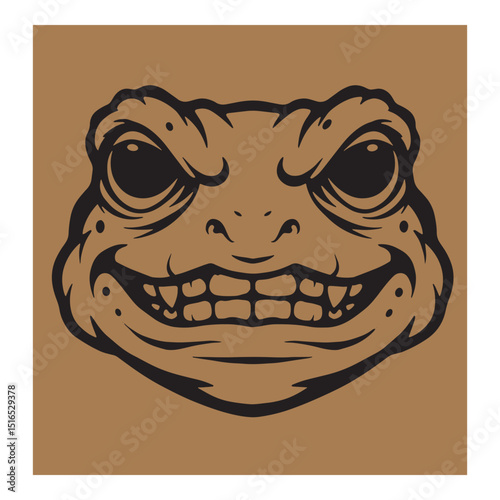 Cartoonish frog head with a grinning and evil expression on a brown background