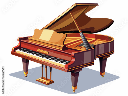 A high-quality vector illustration of a classic grand piano with an open lid and visible keys, isolated on a white background