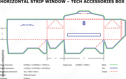 Tech accessories box packaging die-cut template horizontal strip window design